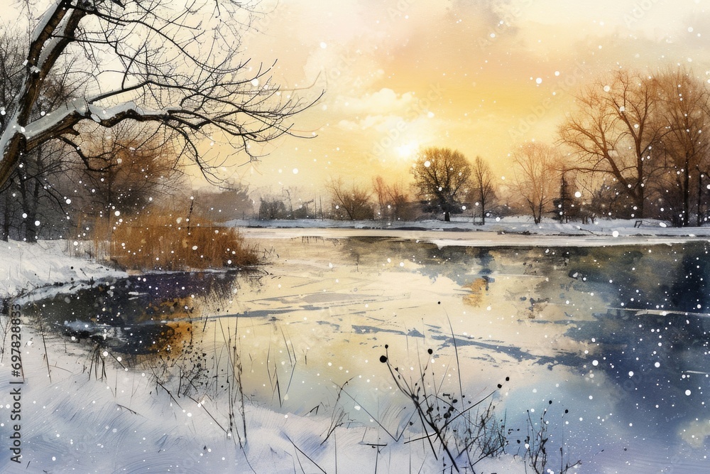 A beautiful painting depicting a serene river flowing through a snowy landscape. Perfect for adding a touch of tranquility to any space