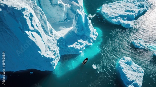 A person in a kayak navigating through a body of water surrounded by towering icebergs. Perfect for adventure and nature-themed projects