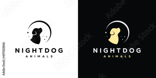 Minimal Night Dog Logo. Crescent Moon Star and Dog Head Logo Design Template.