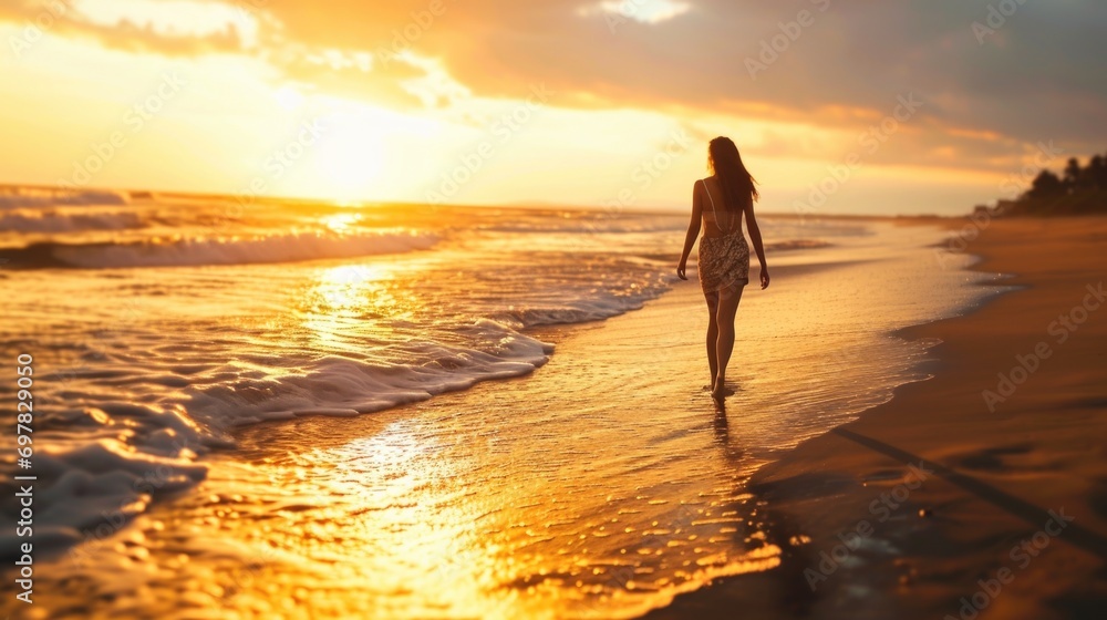 A woman walking along the beach during a beautiful sunset. Suitable for travel and vacation-related themes A woman walking along the beach during a beautiful sunset. Suitable for travel and vacation-related themes