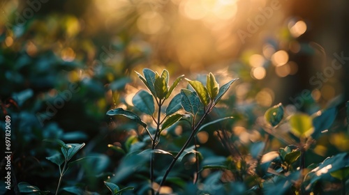 Sunlight filters through the vibrant green leaves of a bush. Perfect for nature and outdoor-themed projects