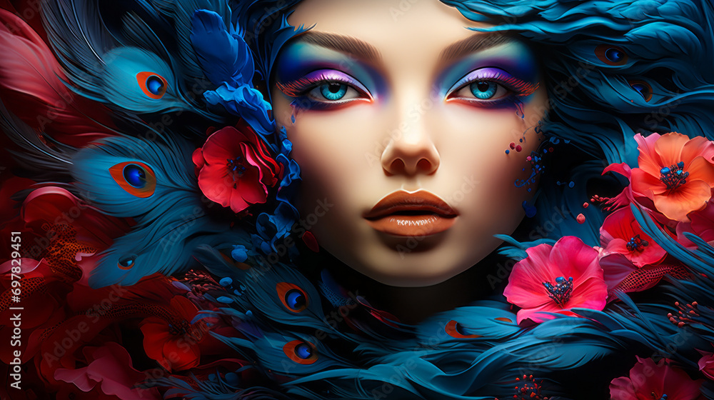 Surreal beauty with vivid blue eyes surrounded by a swirl of red flowers and peacock feathers, embodying a vibrant fusion of nature and artistry