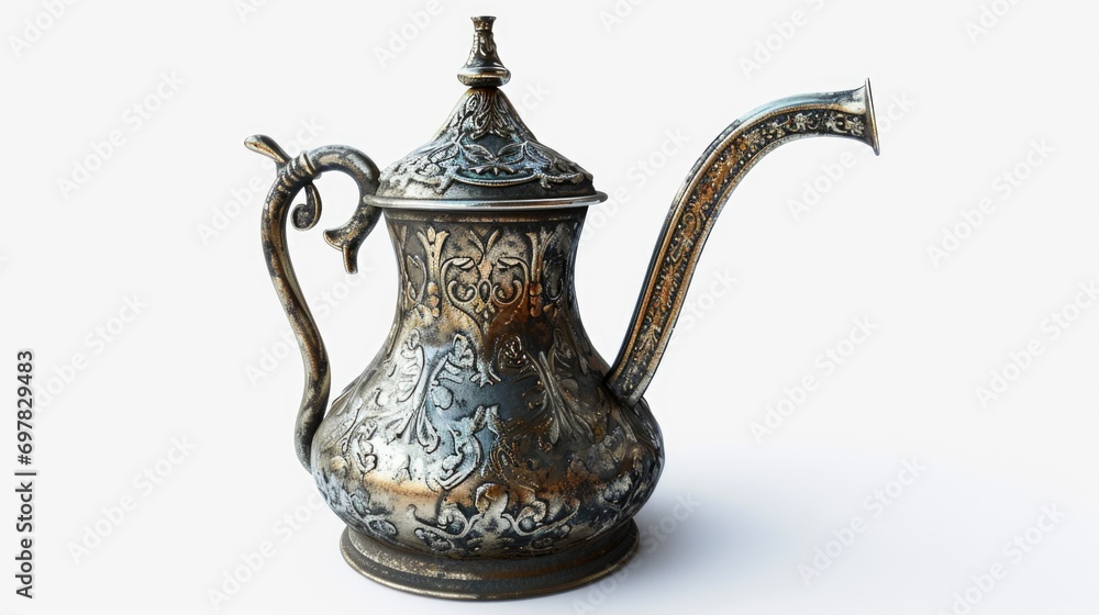 A silver coffee pot with a handle placed on a clean white surface. Suitable for various uses A silver coffee pot with a handle placed on a clean white surface. Suitable for various uses