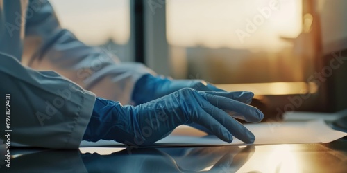 A person in a lab coat and gloves is typing on a piece of paper. Suitable for scientific research, documentation, and laboratory work photo