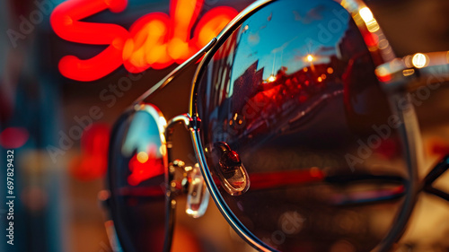 Close-up of sunglasses, in the reflection you can see the bright red inscription "Sale" advertising banner for sales. Generative AI
