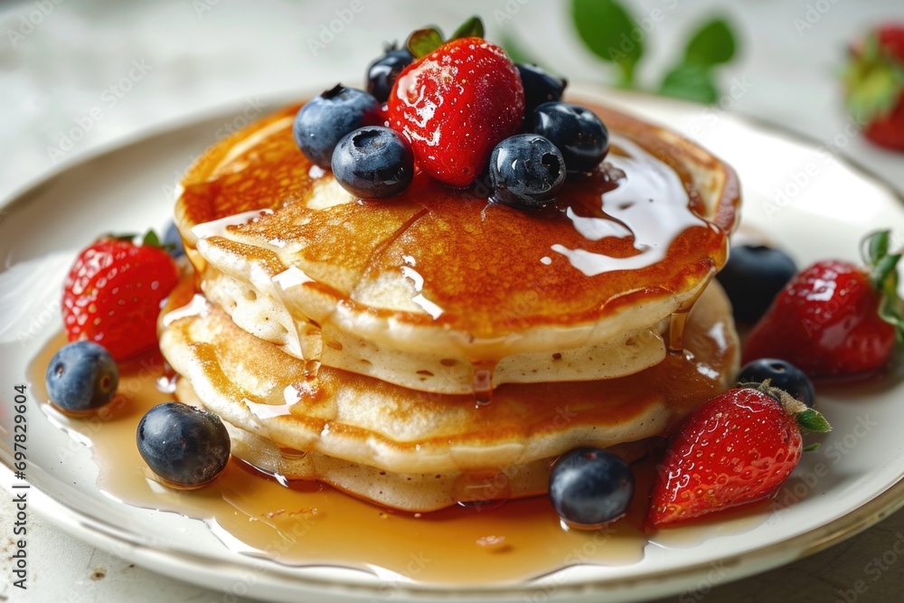 A delicious plate of pancakes topped with syrup and a variety of berries. Perfect for breakfast or brunch A delicious plate of pancakes topped with syrup and a variety of berries. Perfect for breakfast or brunch