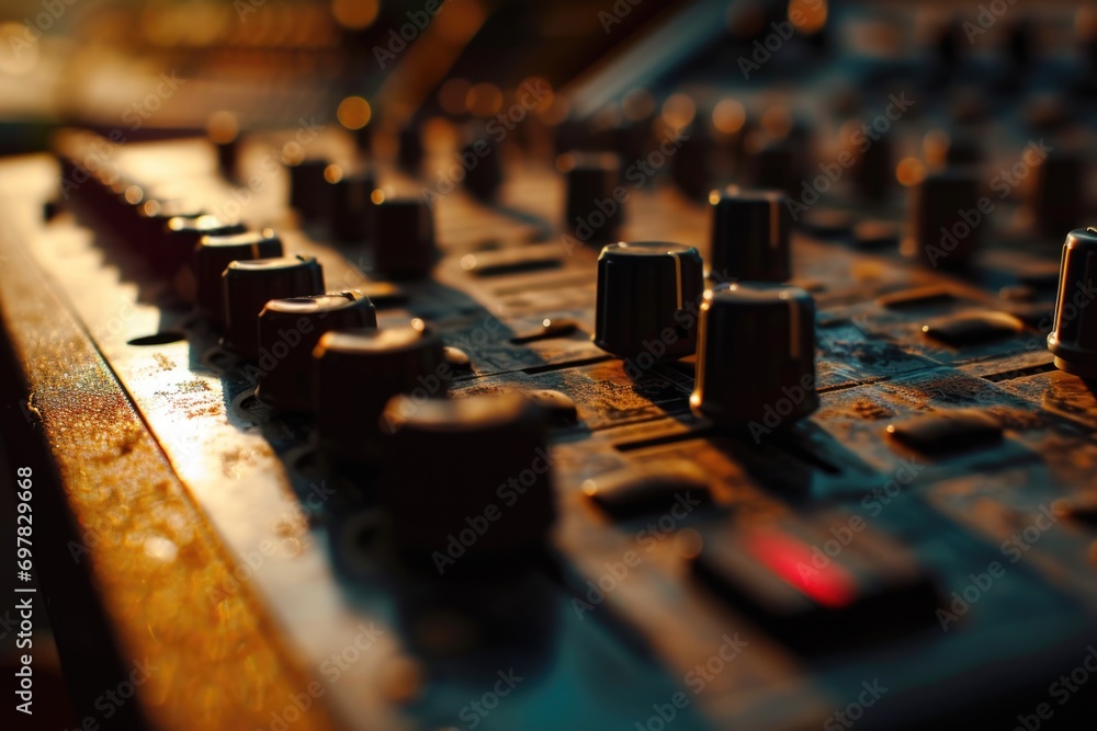 A detailed close-up view of a sound board in a recording studio. Ideal for music production and audio engineering projects - obrazy, fototapety, plakaty 