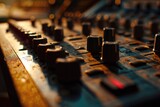 A detailed close-up view of a sound board in a recording studio. Ideal for music production and audio engineering projects