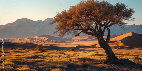 A solitary tree stands tall in the vast desert landscape. Perfect for nature and landscape themes