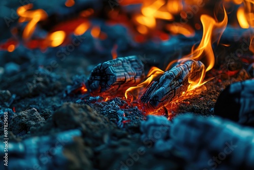 Close up view of fiery flames. This captivating image can be used to depict concepts such as heat, energy, danger, destruction, or passion. © Fotograf