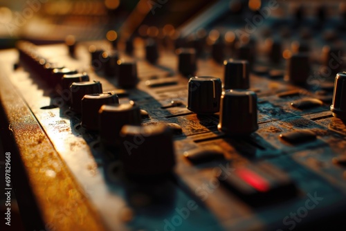 A detailed close-up view of a sound board in a recording studio. Ideal for music production and audio engineering projects photo