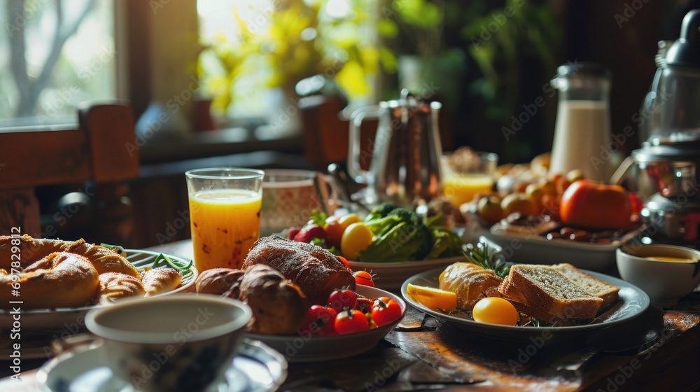 A picture of a wooden table adorned with various plates of delicious food. Perfect for food bloggers, restaurant menus, or cooking websites A picture of a wooden table adorned with various plates of delicious food. Perfect for food bloggers, restaurant menus, or cooking websites