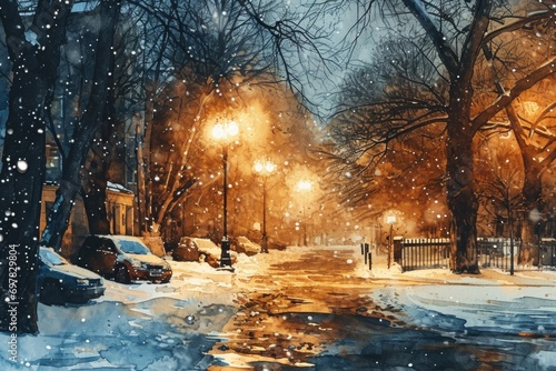 A painting depicting a snowy street illuminated by streetlights at night. Perfect for winter-themed designs and holiday projects © Fotograf