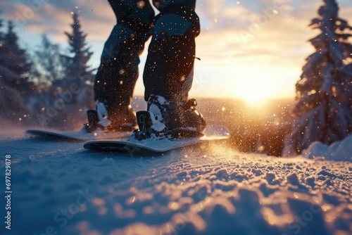 A person standing on a snowboard in the snow. Perfect for winter sports and outdoor adventure themes