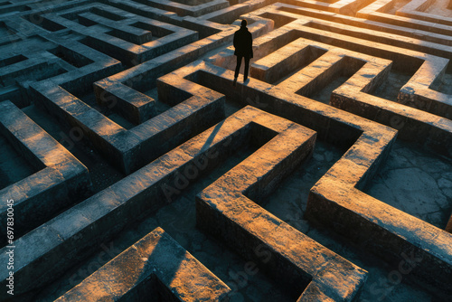 A person standing in front of a maze. Suitable for illustrating problem-solving, decision-making, and finding one's way