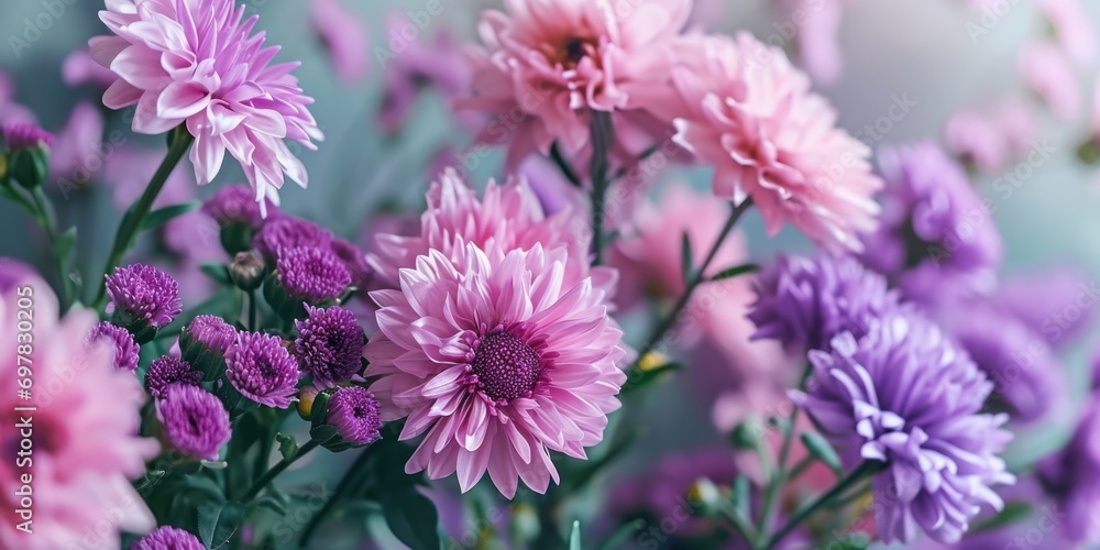 A beautiful arrangement of purple and pink flowers in a vase. Perfect for adding a touch of color and elegance to any space A beautiful arrangement of purple and pink flowers in a vase. Perfect for adding a touch of color and elegance to any space
