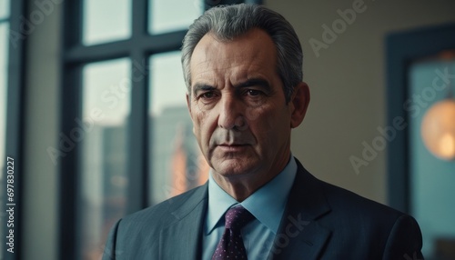  a man in a suit and tie standing in front of a window with a view of the city outside of the window and a light bulb hanging from the ceiling. © Jevjenijs