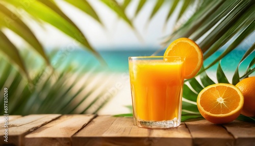 Fresh orange juice glass on a wooden table top with blurred tropical palm leaves and summer beach  