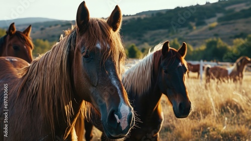 Horses standing together on a grass-covered field. Perfect for equine enthusiasts and nature lovers