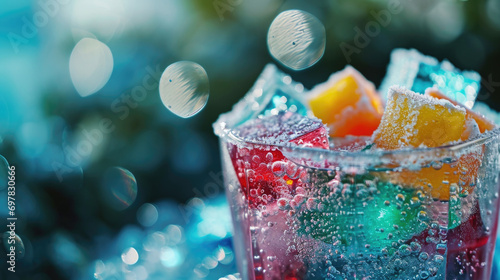 A close-up view of a glass of water with colorful gummy bears floating inside. Perfect for adding a touch of sweetness to your creative projects