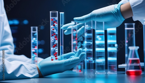 scientist holding medical testing tubes or vials of medical pharmaceutical research with blood cells and virus cure using DNA genome sequencing biotechnology created with generative ai photo