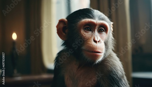  a monkey sitting in front of a window with a lit candle in it's hand and looking at the camera with a serious look on it's face. photo