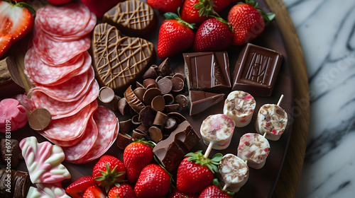 A charcuterie board for Valentine's Day is adorned with sweets, strawberries, chocolate, and cookies, serving as a traditional and romantic holiday snack. generative AI