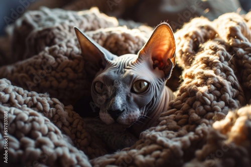 A cat is seen peacefully laying on top of a bed covered in a cozy blanket. This image can be used to depict relaxation, comfort, or a warm and inviting atmosphere