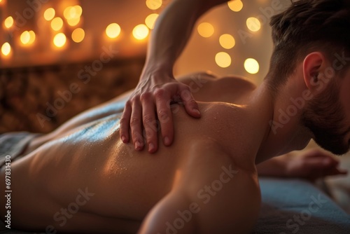 A man receiving a relaxing back massage in a softly lit room. Perfect for spa and wellness themes © Fotograf