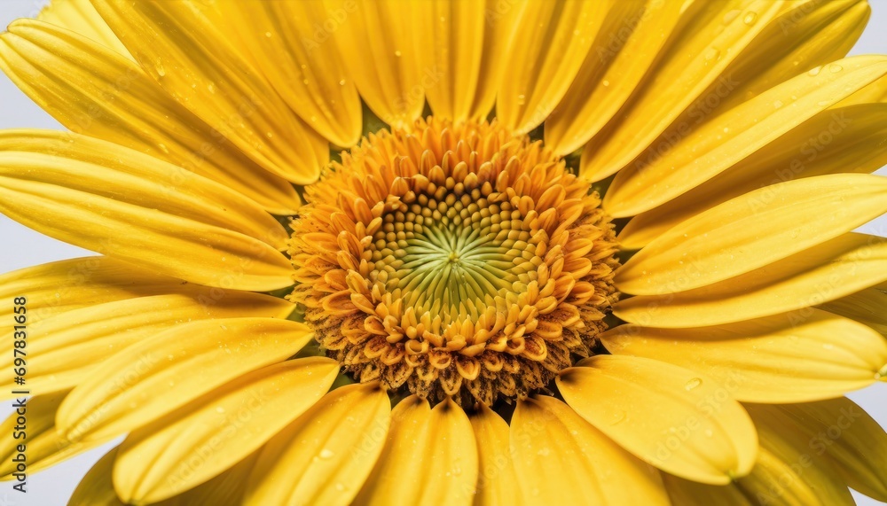 a close up view of a yellow flower with drops of water on it's petals and the center of the flower with a white background with a blue sky in the background. a close up view of a yellow flower with drops of water on it's petals and the center of the flower with a white background with a blue sky in the background.