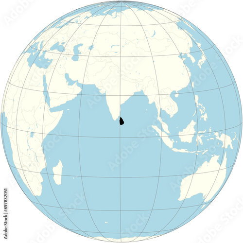 Sri Lanka is shown in the center of the orthographic projection of the world map. It is a country in South Asia.