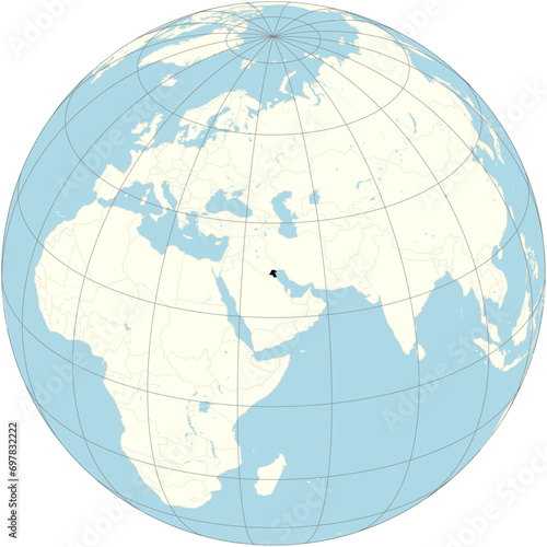Kuwait is shown in the center of the orthographic projection of the world map. It is a country in the Middle East.(Asia)