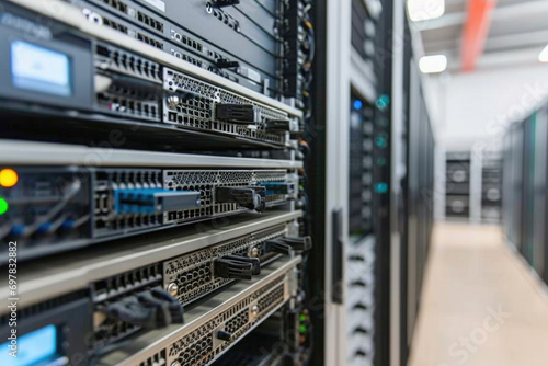 A group of servers in a data centre server room off a corridor of computers in the distance photo