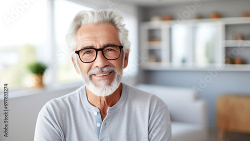 Warm and welcoming elderly man with silver hair and glasses, smiling confidently in bright, modern kitchen, hinting at refined taste for interior design with friendly demeanor. Banner with copy space photo