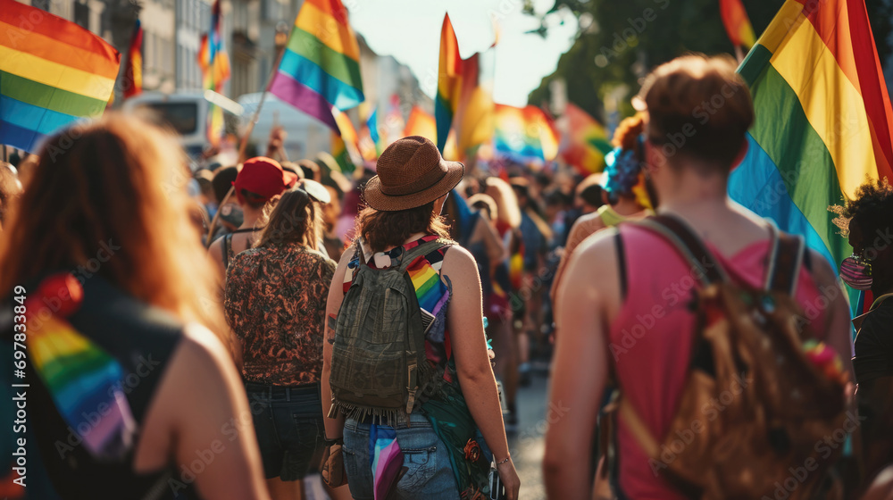 LGBT, gay parade in Germany, America happy people with rainbow flags