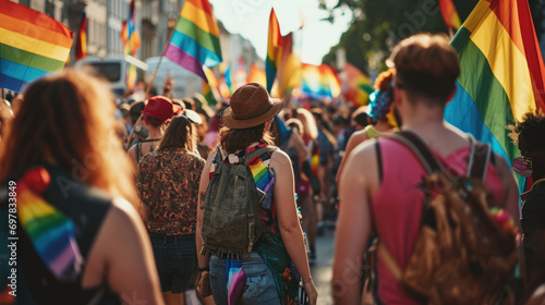 LGBT, gay parade in Germany, America happy people with rainbow flags