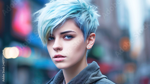 Portrait of a beautiful young personality with short blue hair in the city. The concept of a non-binary personality