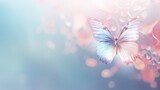 Gentle butterfly against a soft background with bokeh. Pastel colors. Banner with copy space. Ideal for design, decoration, promotional materials, wallpapers, print media or nature-themed content.