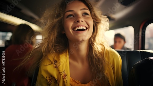 a woman smiling while riding in a bus © progressman