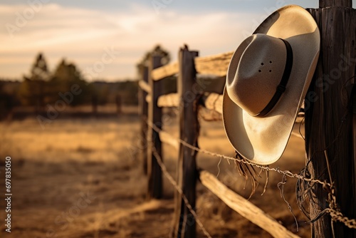 A Symbolic Embrace of the Frontier: A cowboy hat and lasso adorn a wooden fence, embodying the timeless essence of ranch life and the rugged spirit of the Wild West. photo