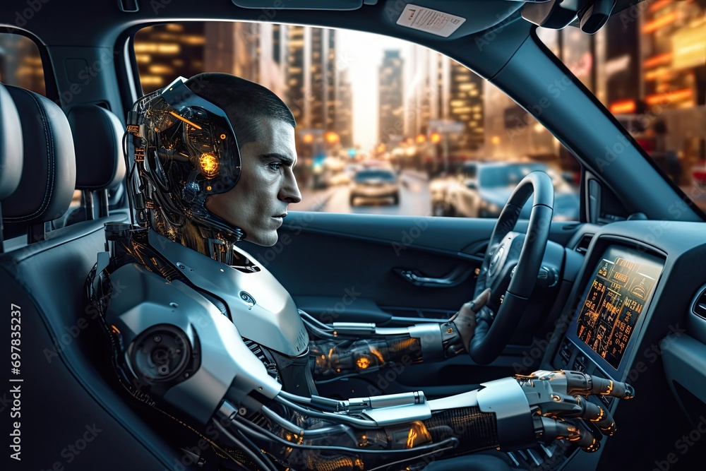 Automated Journeys: Robot Cyborg Explores the Roads, Driven by Advanced AI Technology, Unveiling the Future of Autonomous Transportation