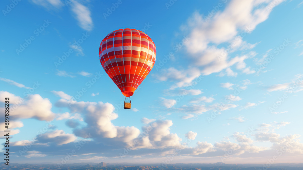 Fototapeta premium Hot air balloon in the sky. Fantastic adventure, flying in the skies. Can be used in travel or inspirational content, adventure themes, illustrating freedom, exploration, or peaceful journeys.