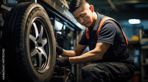 Asian male tire changer In the process of checking the condition of new tires 