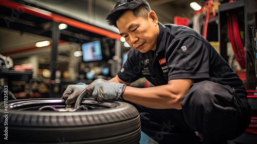 Asian Male Tire Changer Ensures Optimal Vehicle Performance Through Meticulous Inspection and Maintenance of New Tires in a Professional Automotive Workshop Setting. © hisilly