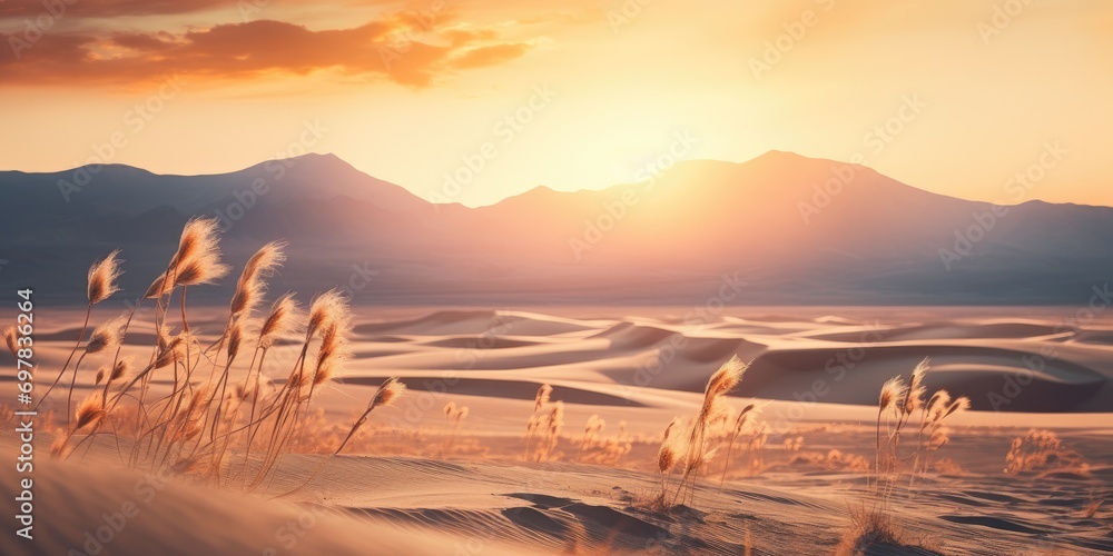 A tranquil desert landscape at sunrise, featuring sand dunes, shadows, and a vibrant sky.