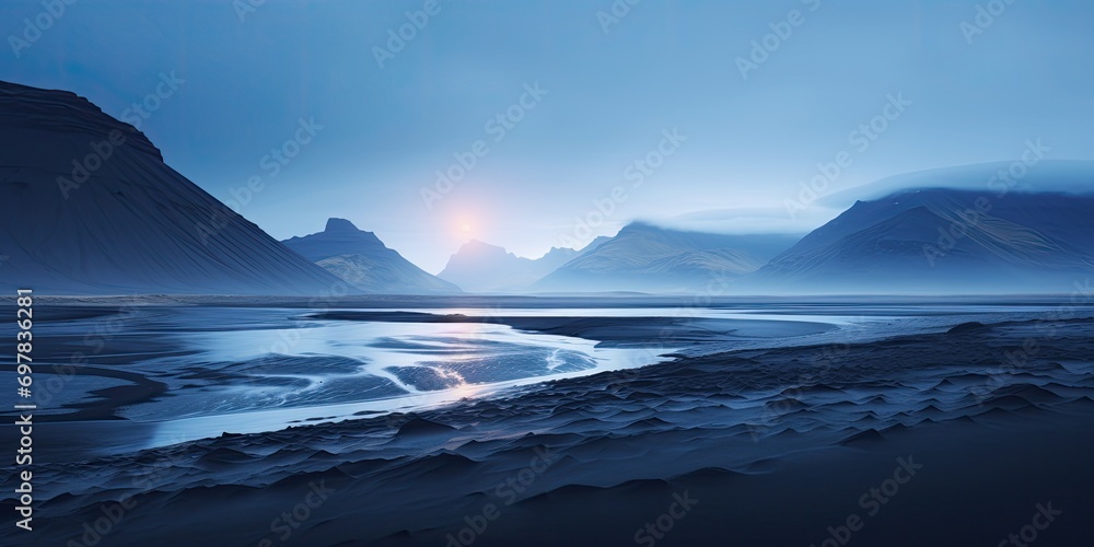 A Nordic winter sunset over a serene coastal landscape with mountains, icy sea, and vibrant sky.