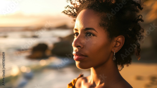 Beautiful African-American woman on the beach, soft sunlight
