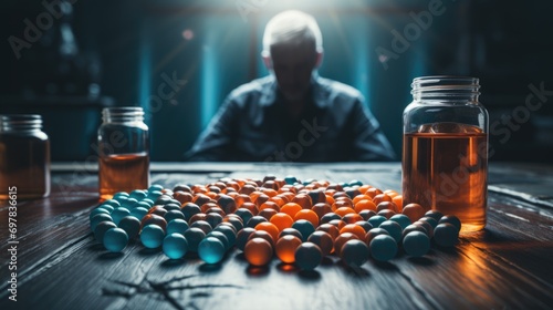 Sad man depressed and lonely, sick, drug addict, person in sadness against the background of medicine pills and drug capsules
