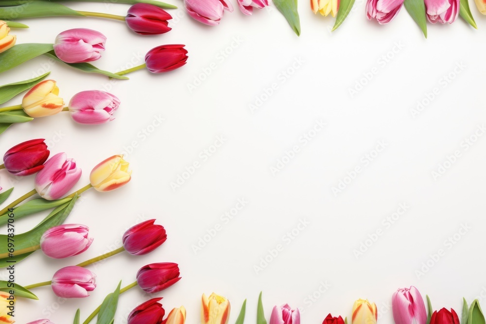 Frame of multicolored tulips on white background Frame of multicolored tulips on white background