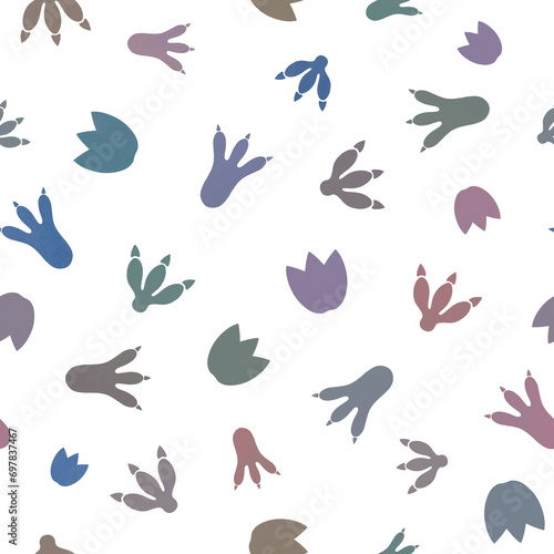 Dinosaur foot prints seamless pattern. Cute dino's foot prints  children illustration. Isolated silhouettes, muted earthy colors